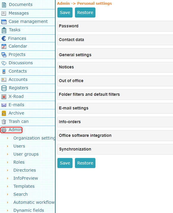 !Administrator personal settings