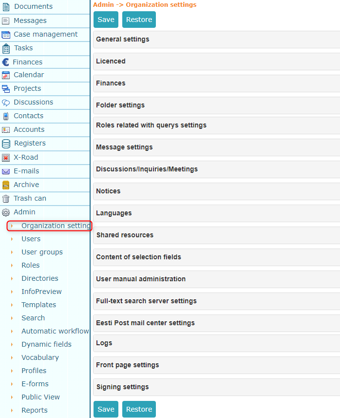 !Organization settings