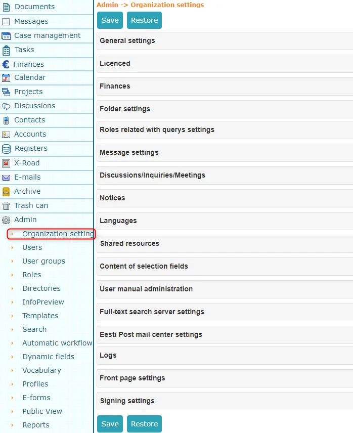 !Organization settings
