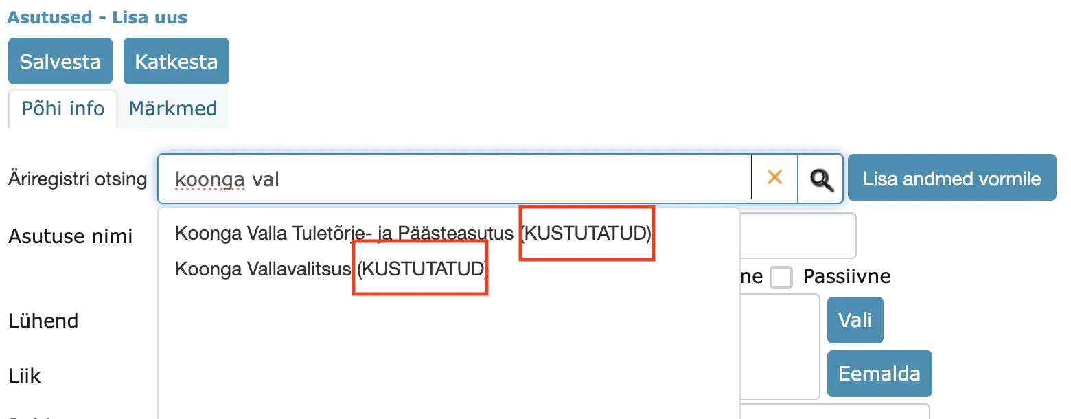 Deleted institution in Business Registry search