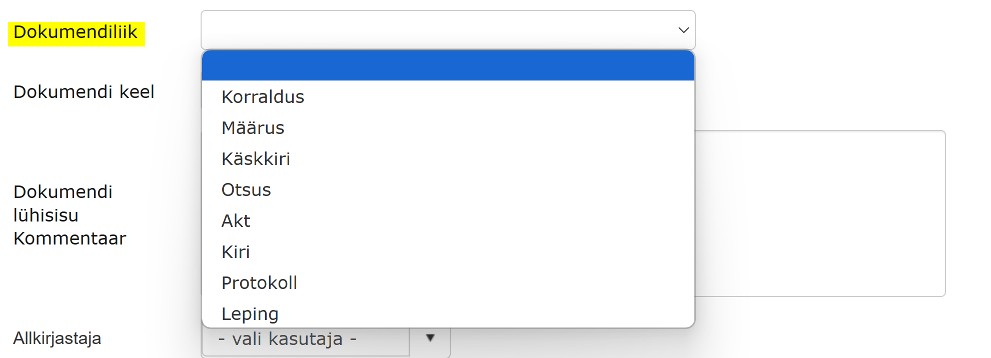 !Document type selection