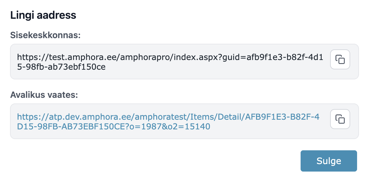 !Link address window with copy buttons
