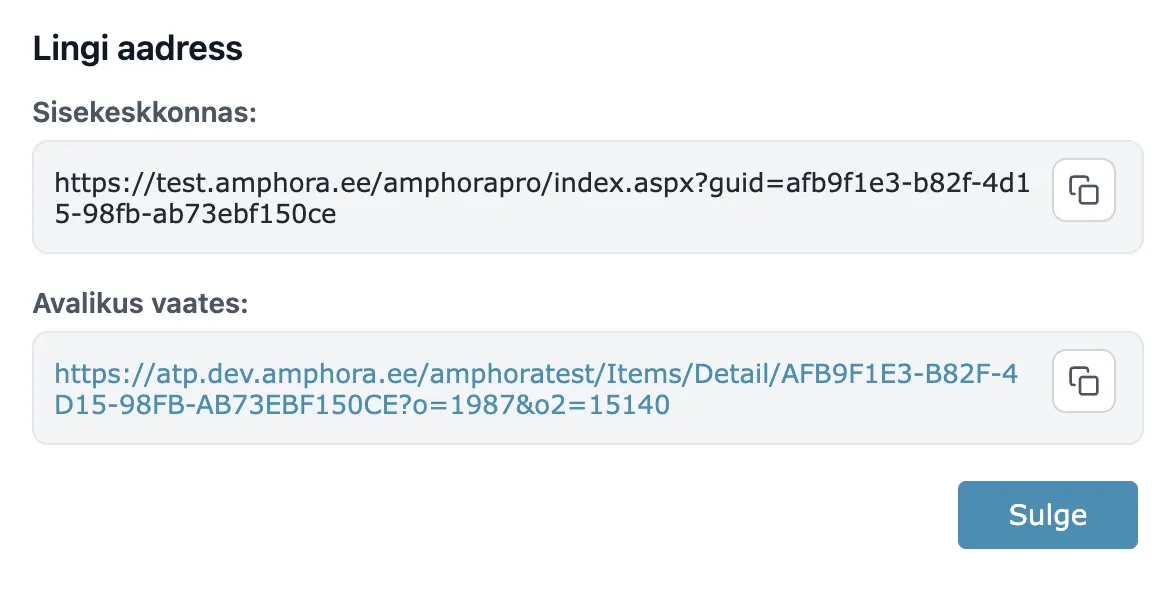 !Link address window with copy buttons