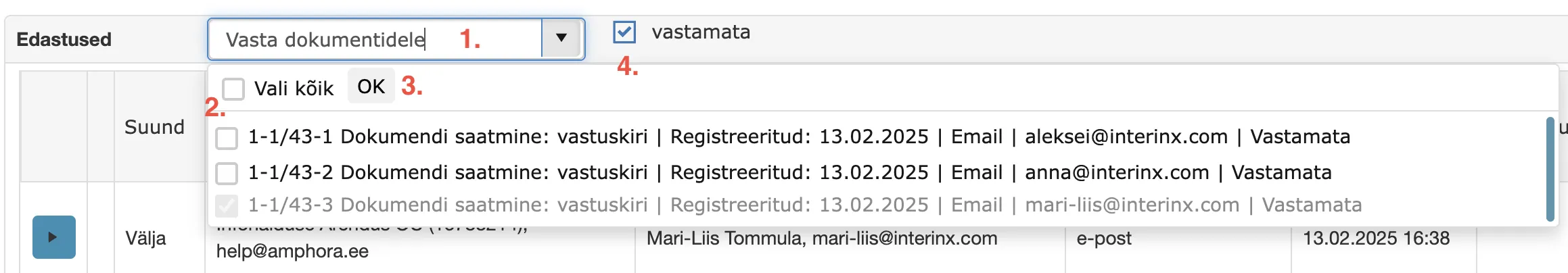 Response document selection dropdown