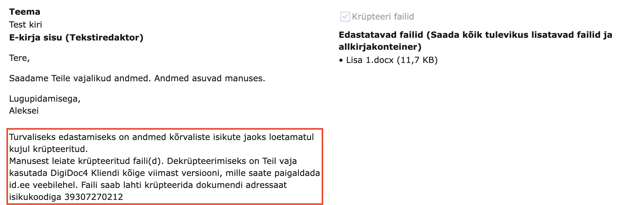 Encryption notification in email content