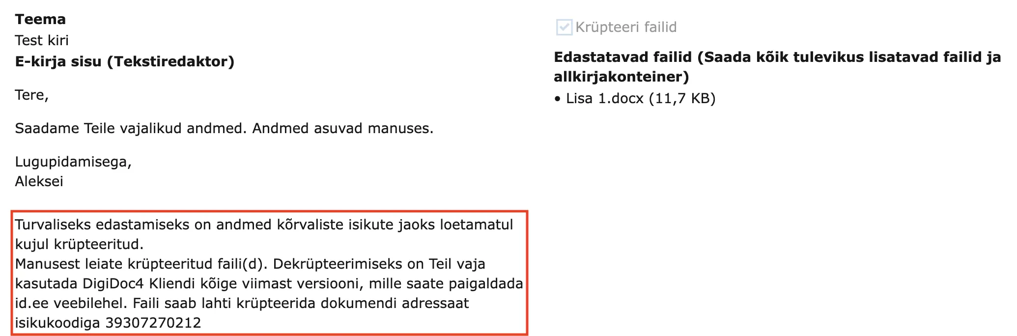 Encryption notification in email content