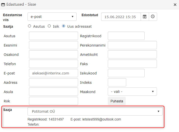 Adding recipient email address in Transmissions panel