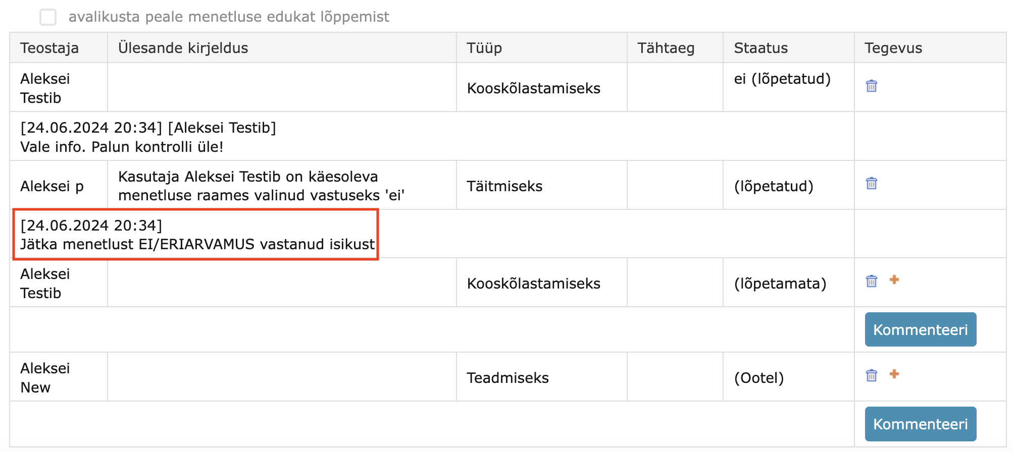 Task comment missing
