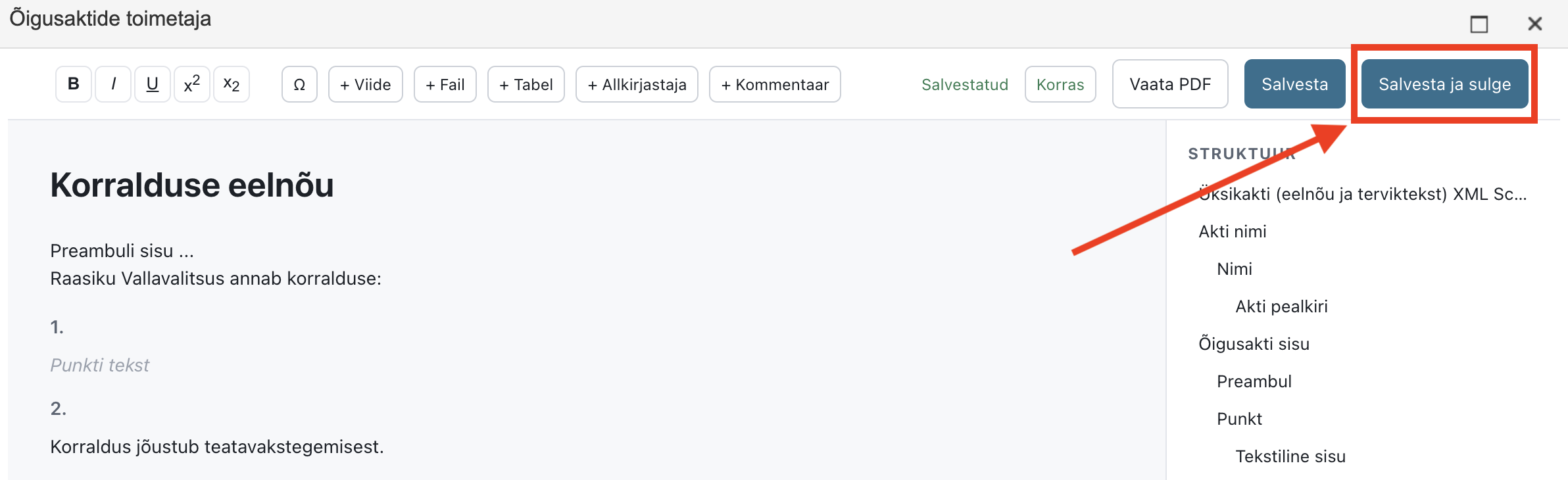 !The akt-editor window and the Salvesta ja sulge button