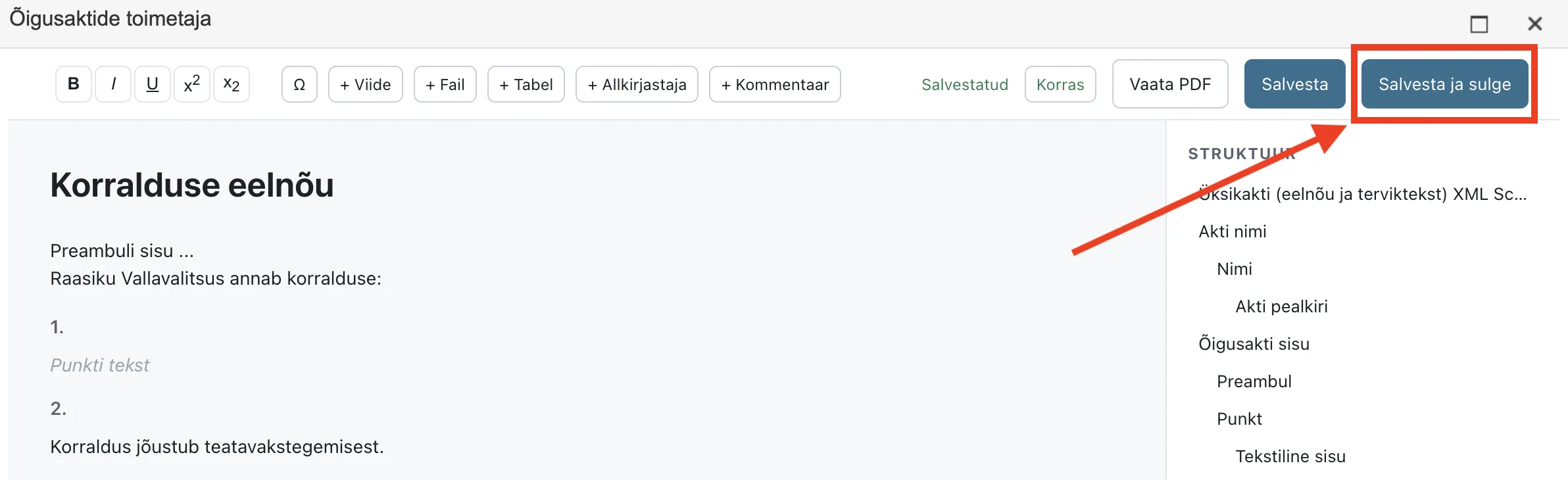 !The akt-editor window and the Salvesta ja sulge button