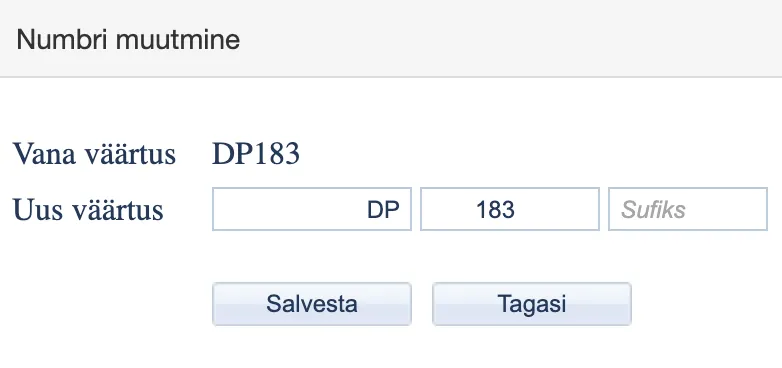 !Asja numbri muutmise aken