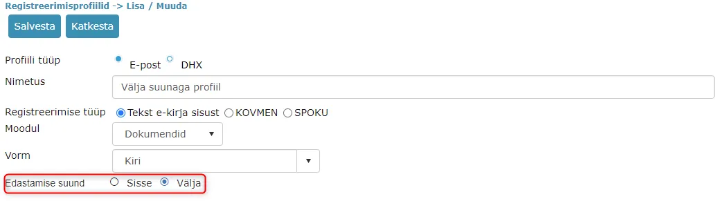 !Reg profiili suuna valik