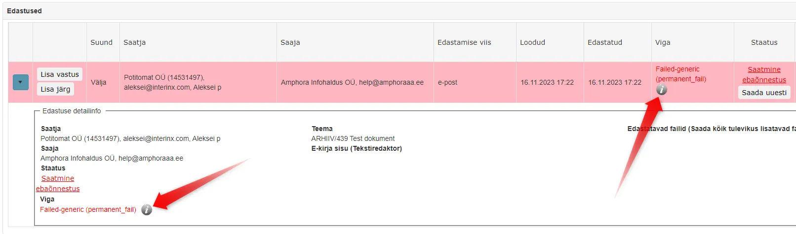 Edastused paneel koos ebaõnnestunud saatmisega