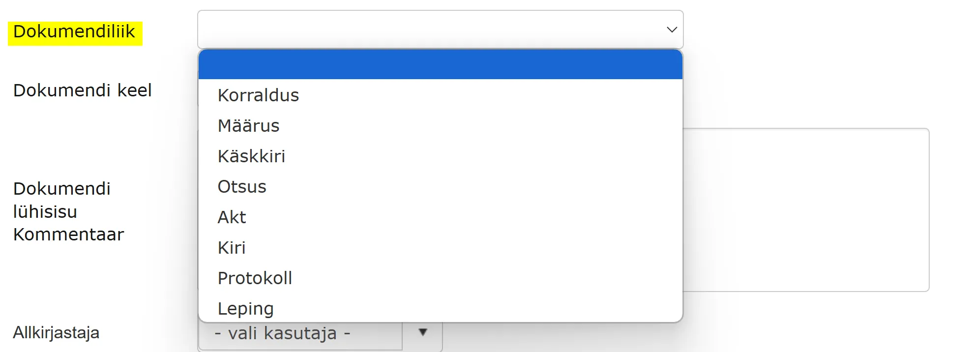 !Dokumendiliigi valik