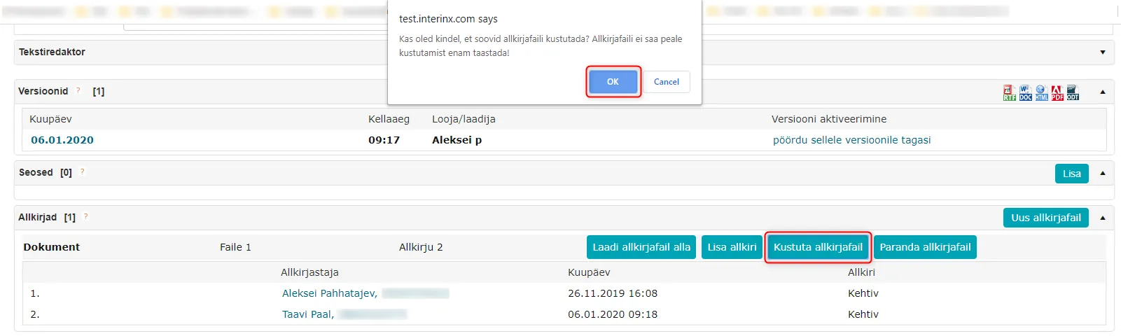 !Allkirjakonteineri kustutamine