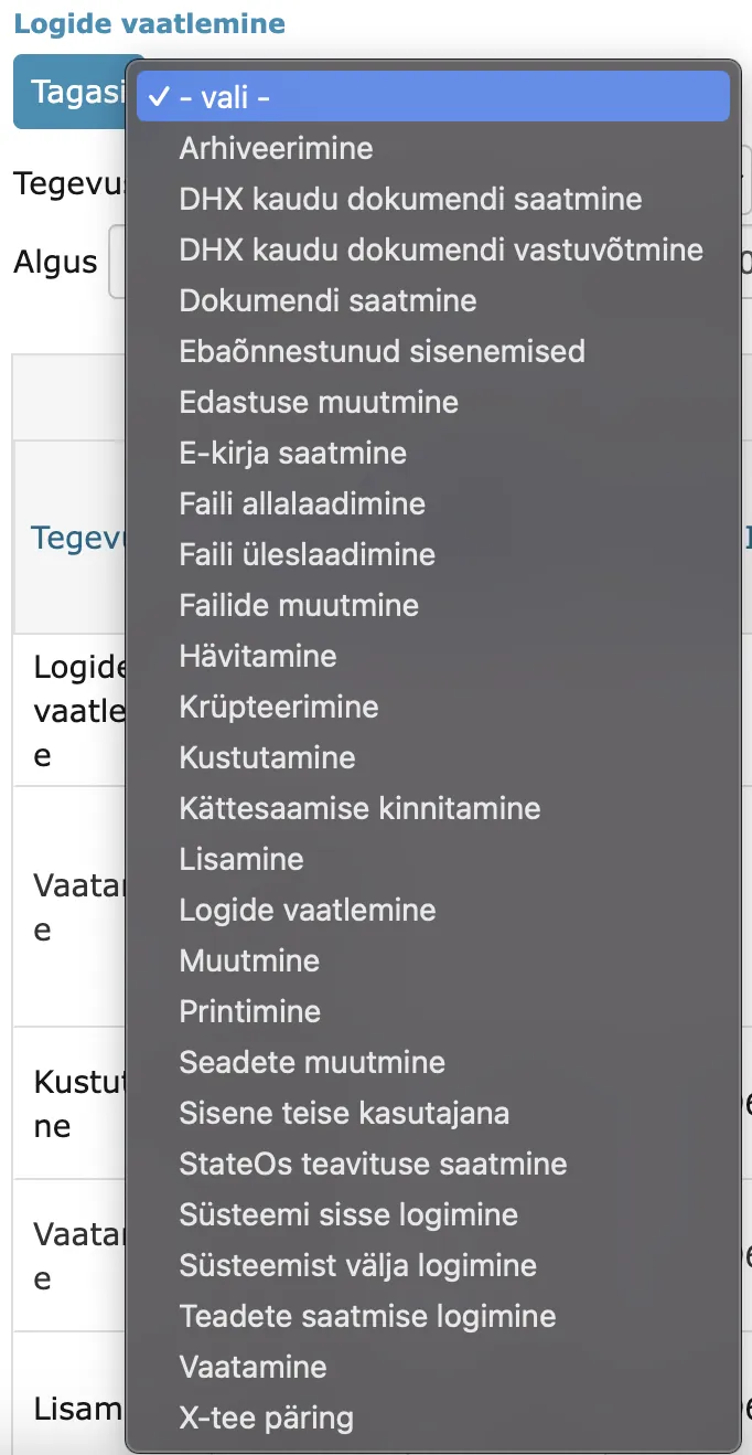 !Tegevuste rippmenüü