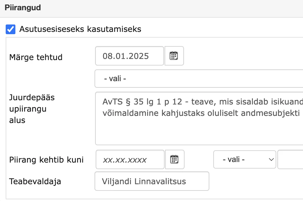 !Piirangu lõppkuupäev puudub
