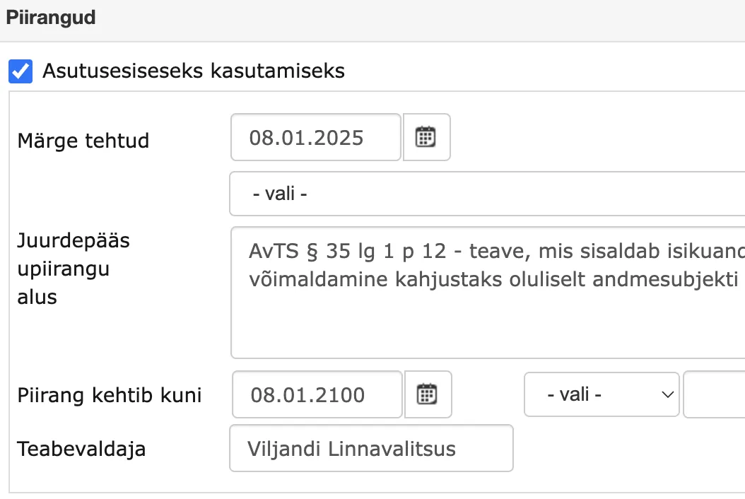 !Piirangu lõppkuupäev puudub