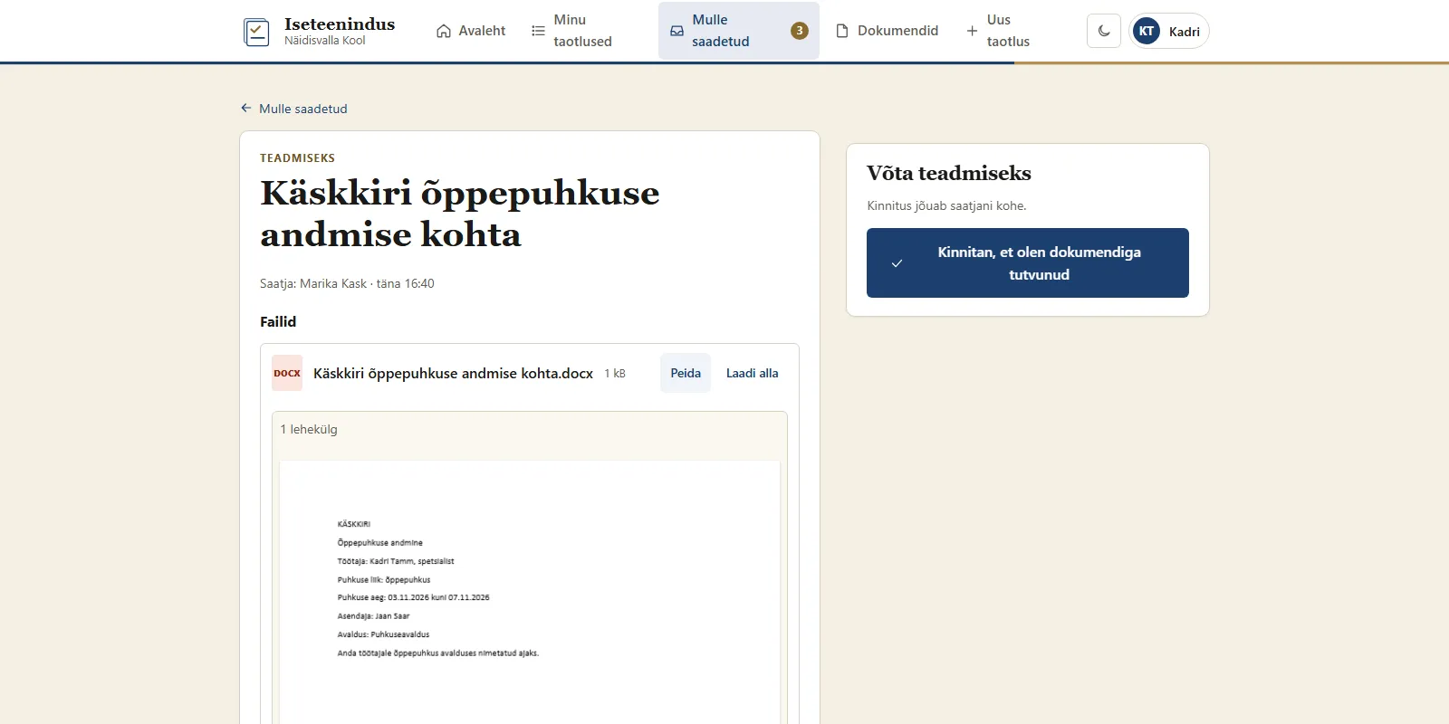 !Teadmiseks saadetud dokument