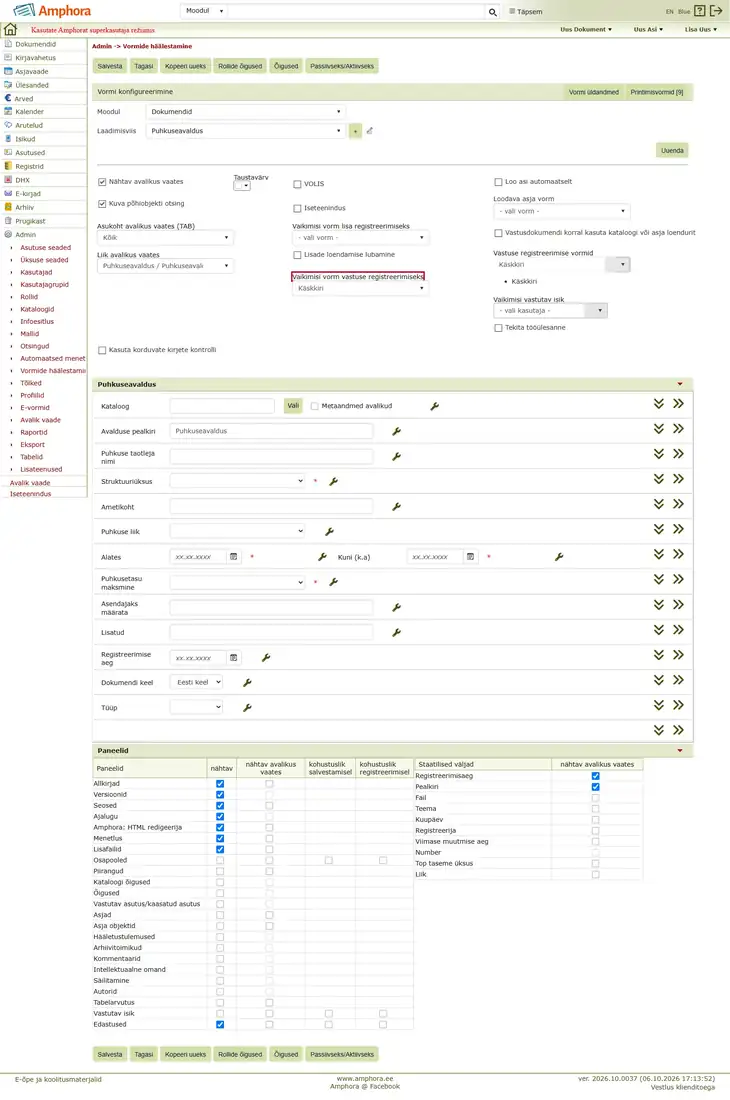 Avalduse vormi seaded: vaikimisi vastuse vorm ja vastuse registreerimise vormid on Käskkiri; paneel Edastused on nähtav
